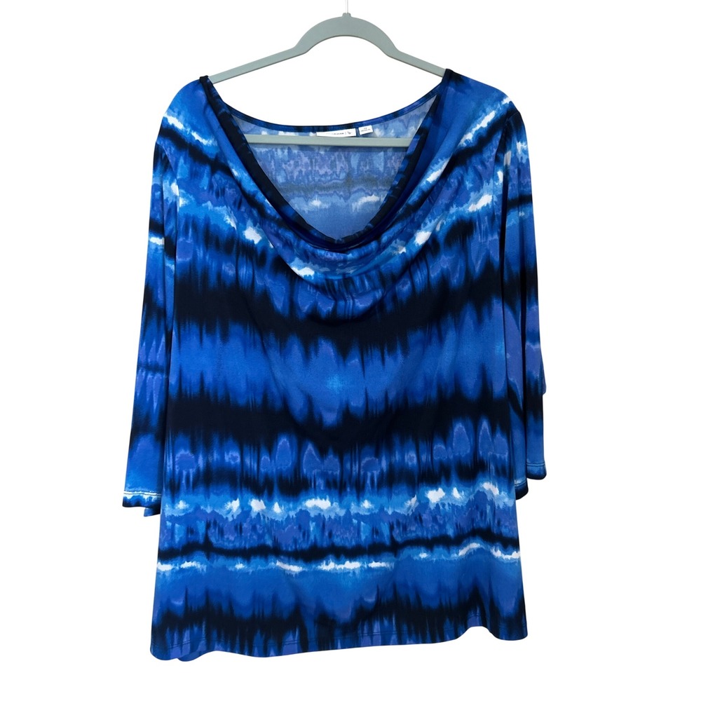 Susan Graver Womens 2X Liquid Knit Blouse Cowl Neck Blue Print 3/4 Sleeve